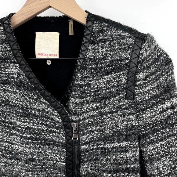 Rebecca Taylor Tweed Asymmetric Faux Leather Trim Jacket Grey Boucle Size 2 Moto - Picture 9 of 16